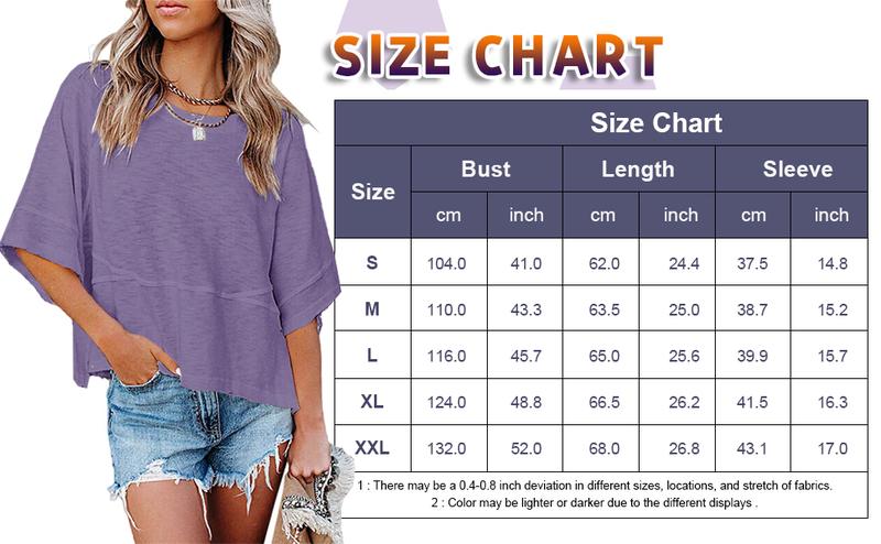 Danedvi Women's Summer Casual Crewneck Batwing Half Sleeve T-Shirts Solid Color Loose Fit Cute Basic Flowy Tops Tees Blouses Blue Fabric