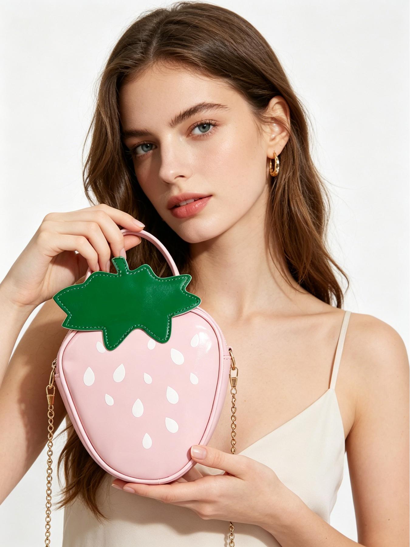 1pc Cute Strawberry Shaped Crossbody Bag for Women, Mini Glossy Chain Shoulder Bag, Lightweight Creative Handbag with Space for Phone, Keys, Makeup, Stylish Daily Bag for Shopping, Travel, Party, Perfect Gift for Girls, Birthday, Holidays