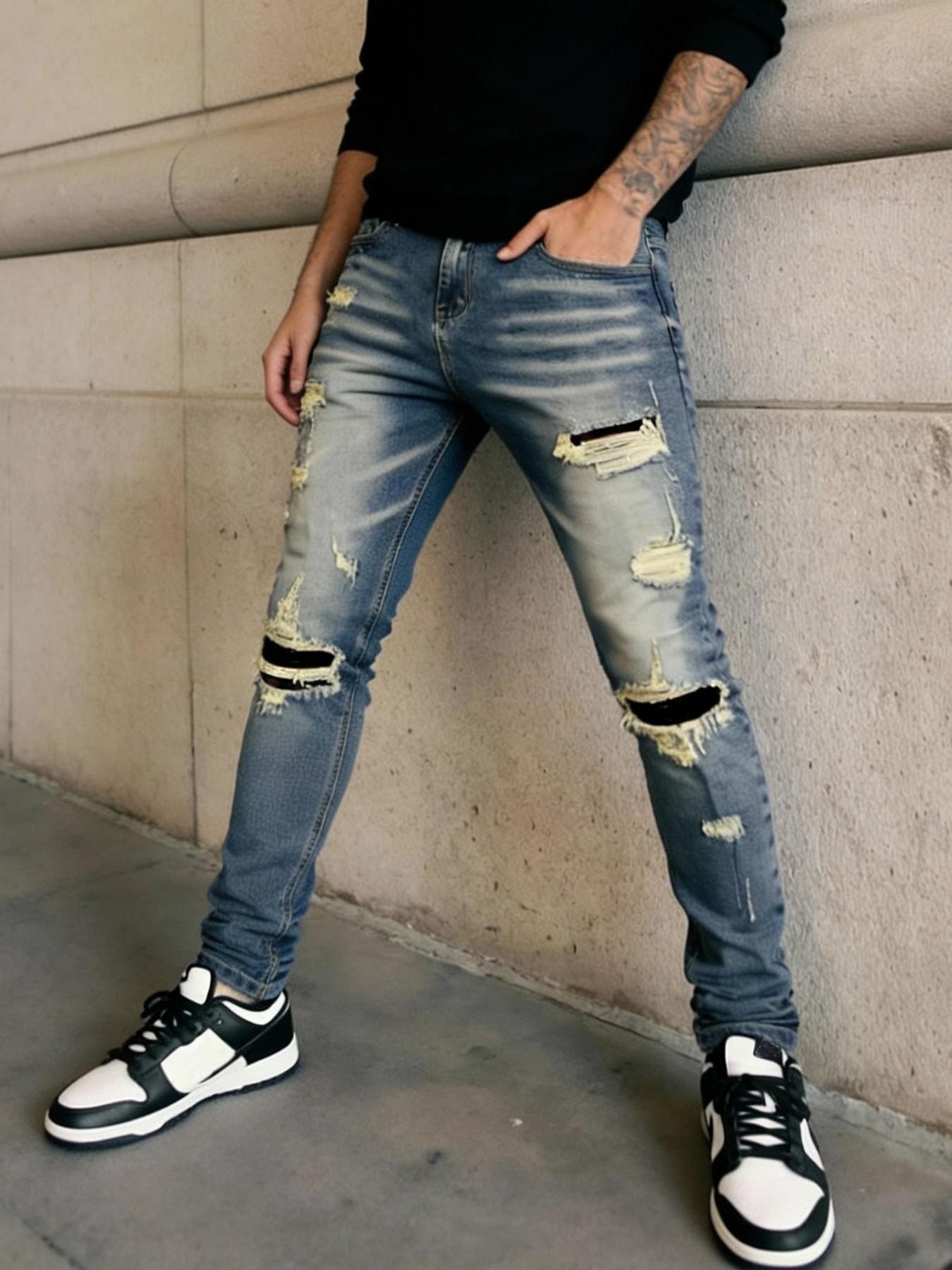 Men's Deep Blue Slim Fit Elastic Denim Jeans, Knee Patched Design, Vintage Wash, Street Style, All Seasons, Zipper Fly, Natural Waist