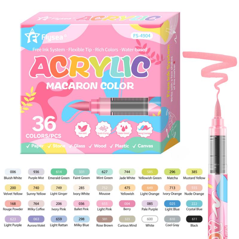 Acrylic Paint Markers,Macaron Series Set,Soft Brush Tip Water Based, Straight liquid Markers for Wood, Canvas, Rock Painting, Glass, Diy Crafts, Fabric Paint, Acrylic Drawing Markers
