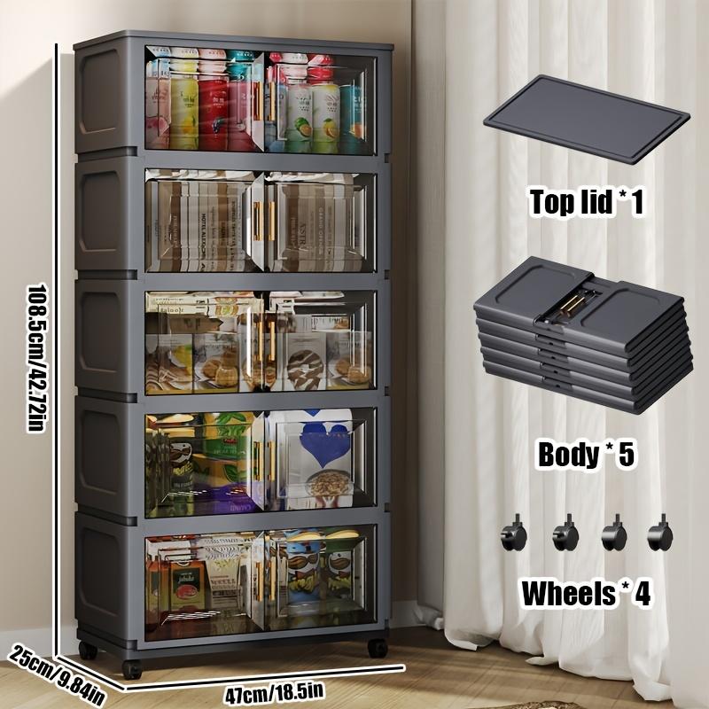 A five-tier (42.72 inches) entryway Plastic storage cabinet, Multi Layer Cabinet, featuring a large capacity with 3/4/5-tier shelving, a magnetic door design paired with silent universal wheels, making it a movable entryway storage cabinet