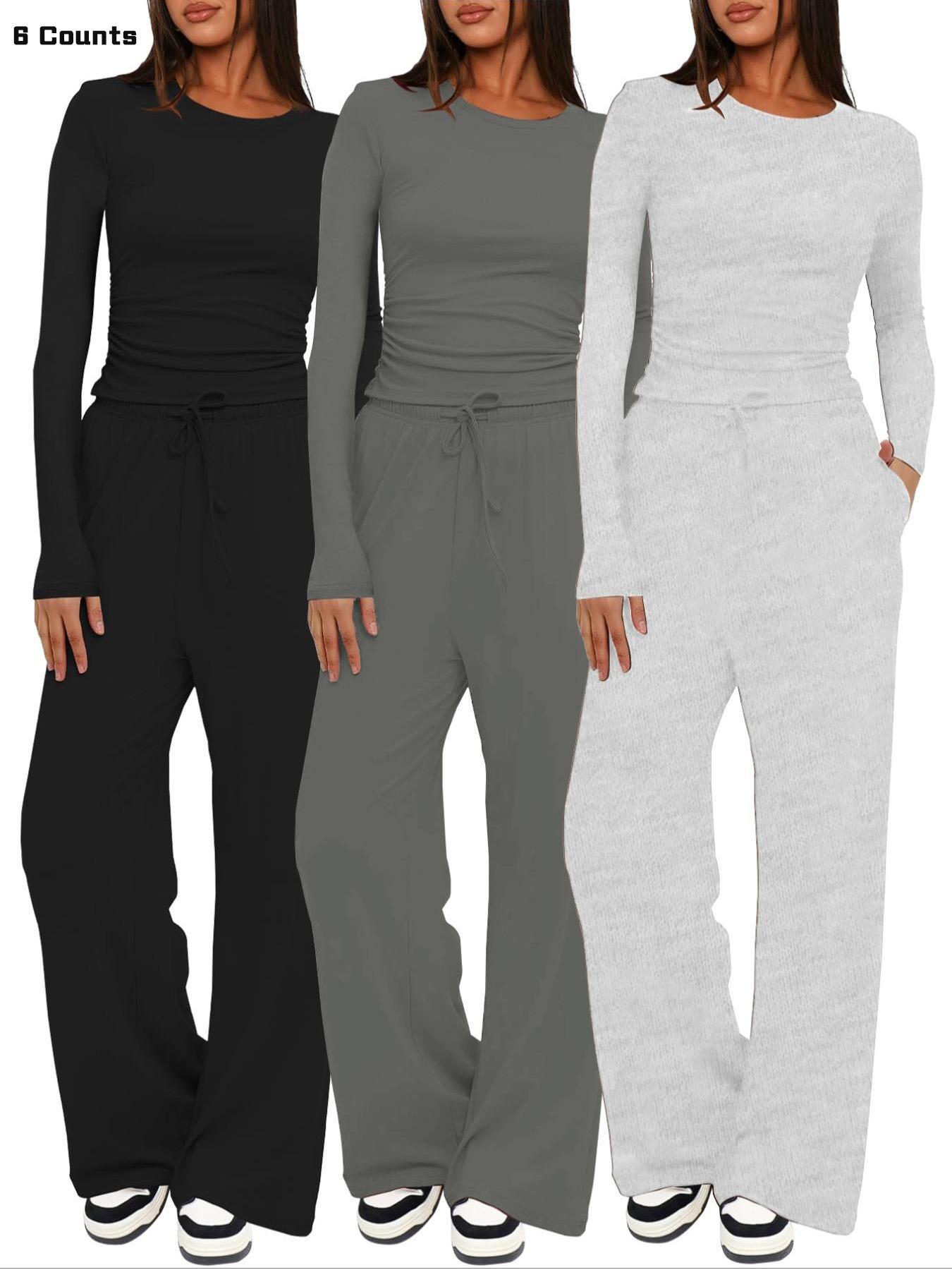 2026 Women's Solid Ruched Drawstring Loungewear Set, Casual Breathable Long Sleeve Round Neck Top & Pocket Wide Leg Trousers, Ladies Sleepwear for All Seasons Pajama Set