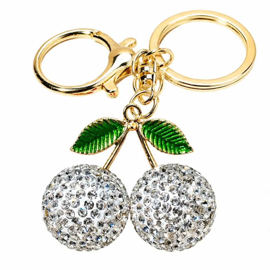 Sparkly Cherry Keychain with Rhinestone Crystal Charms, Gold Tone Cherry Key Ring with Green Leaf Details, Decorative Fruit Bag Charm, Cute Keychain Accessory for Women, Purse and Handbag Decoration