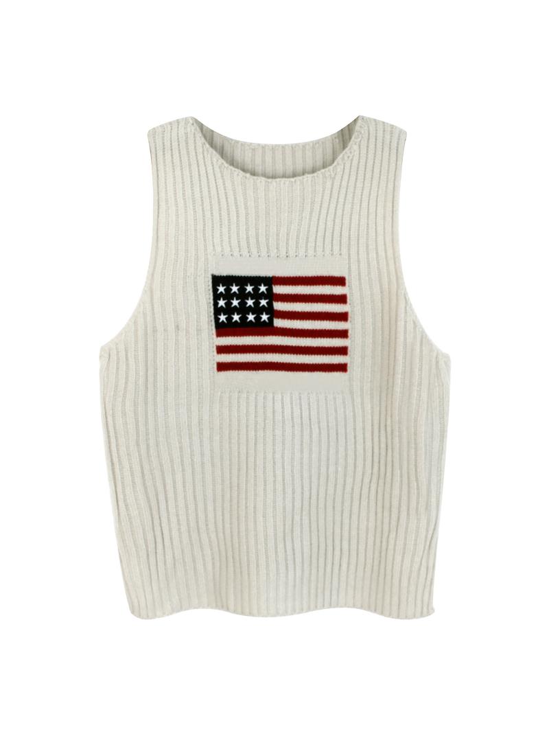 Women's Flag Graphic Print Split Hem Sweater Vest, Casual Fashion Round Neck Sleeveless Jumper Vest for Summer, Ladies Knit Clothing for Daily Wear