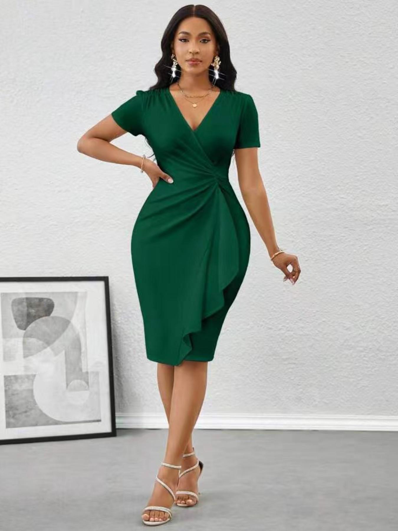 Elegant Spring Summer Dress, Valentine's Day New Year Saint Patrick's Day Ramadan Party Vacation Evening Gown, V Neck Short Sleeve Ruffle Hem, Bodycon
