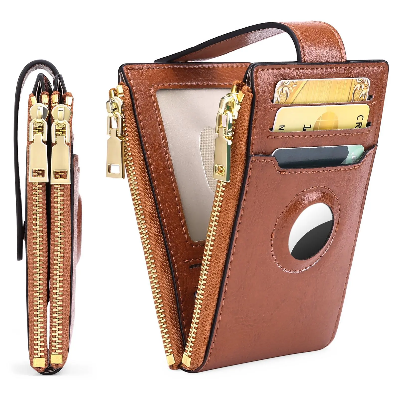 Women's Casual Leather Bifold Wallet, Zippered RFID Blocking Card Holder with a Hidden AirTag Pocket and ID Window, Rfid Blocking Wallet, Bifold Wallets