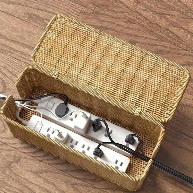 Classic Foldable-Stack Rattan Cable Management Box with Lid, PE Woven Multi-Compartment Organizer for Power Cords, Chargers, Desk & Office Storage