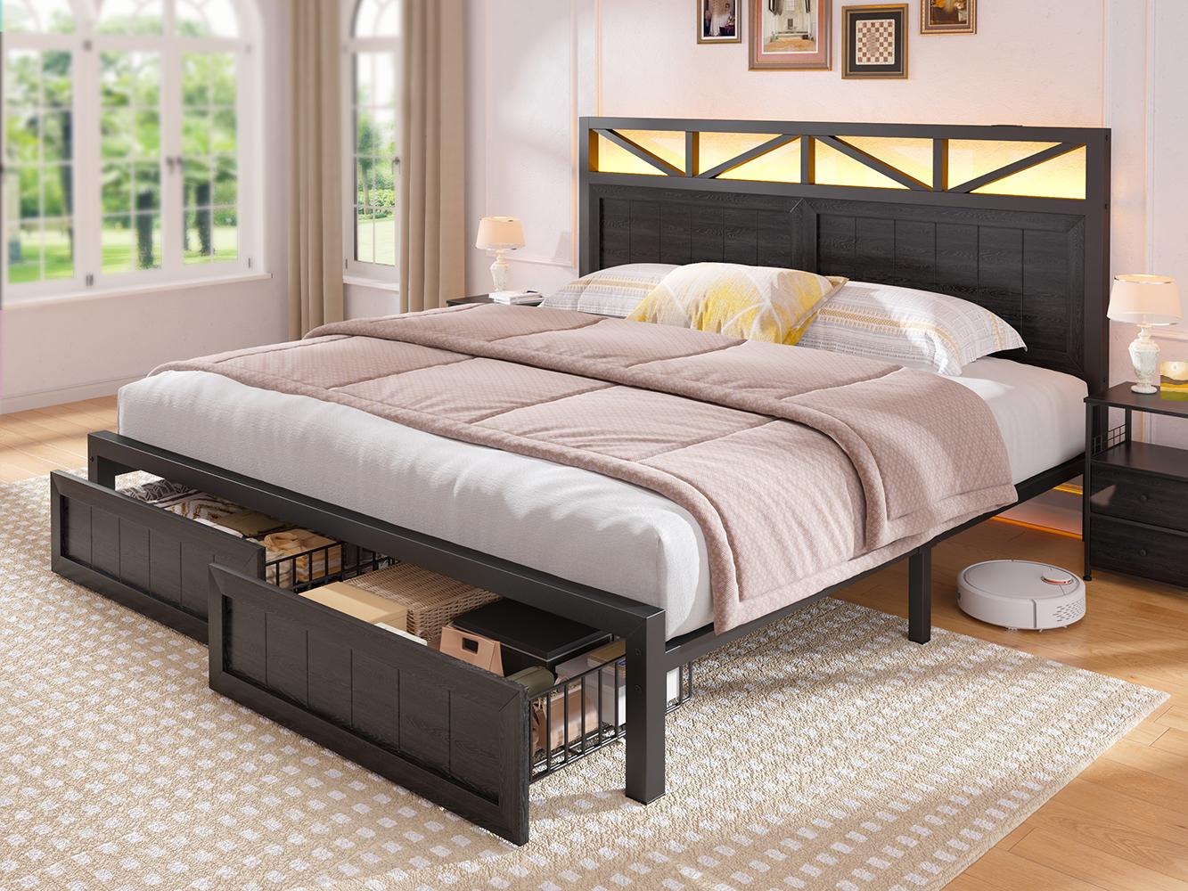 [Live] NO MATTRESS,LED Bed Frame with USB Outlet, Farmhouse Queen Size Bed Frames with 2 Storage Drawers & Built-in Charging Station, Wood Metal King Size Platform Bed Frame with Headboard, Farm Style Bedroom Furniture with LED