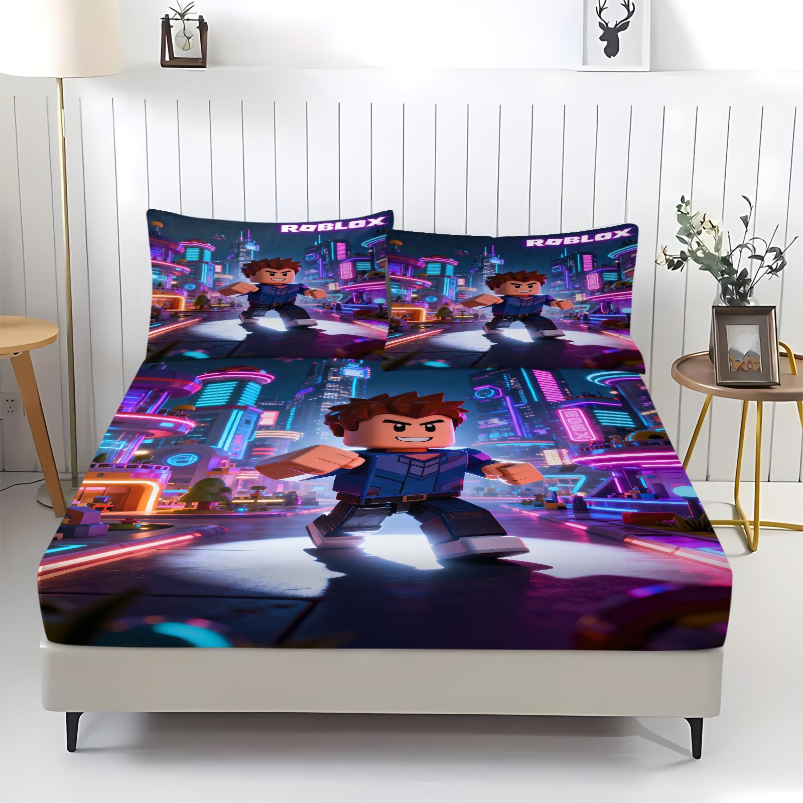 3-Piece Roblox Pattern Bedding Set, Includes 1 Fitted Sheet & 2 Pillowcases, Comfortable Durable Bed Linen, Non-Slip for Bedroom, Kids Gift, Soft Bedding Sets