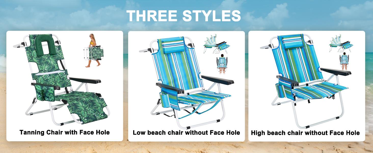 SLSY Portable Folding Beach Chair, Tanning Chair with Face Hole,5-Position Adjustable Reclining Beach Lounge Chair, for Beach, Poolside, Patio, Lawn, Home