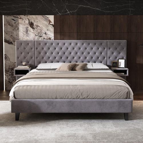 【Bellemave】Queen/ King Size Platform Bed with Headboard, Modern Velvet Upholstered Platform Bed with 2 Nightstands, with diamond tufted, 【Bellemave】Queen/ King Size Platform Bed with Headboard, Modern Velvet Upholstered Platform Bed with 2 Nightstands, with diamond tufted,