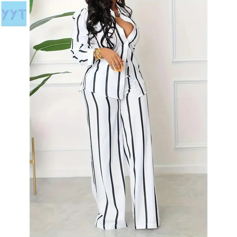 YYT1  Striped Print Two-piece Set, Button Front Collar Long Sleeve Shirt & Waist Wide Leg Loose Pants Set, Women's Clothing