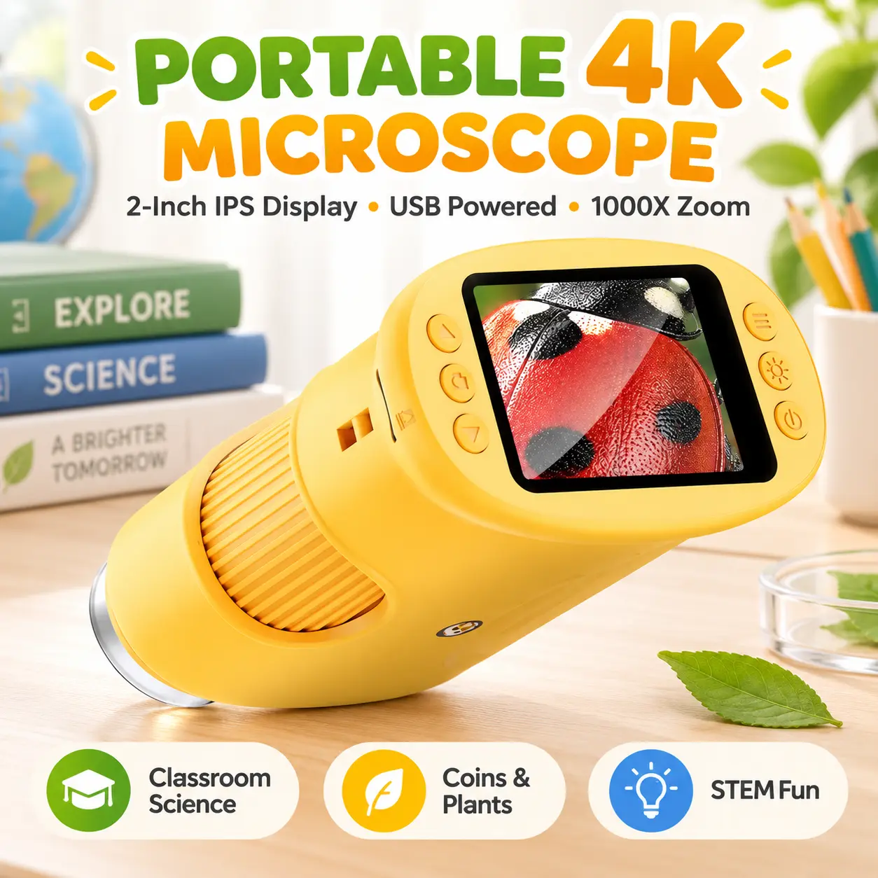 1000X Handheld Digital Microscope with 4K Imaging, 2-Inch IPS Display and USB Power, Portable Science Exploration Tool for Students, Classrooms, Coins, Plants and Nature Observation