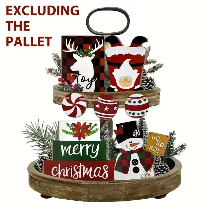 Farmhouse Christmas Tiered Tray Decor Set, Red Buffalo Plaid Wooden Signs with Snowman, Elk and Santa Claus, Winter Rustic Tabletop Shelf Mantel Home Decoration