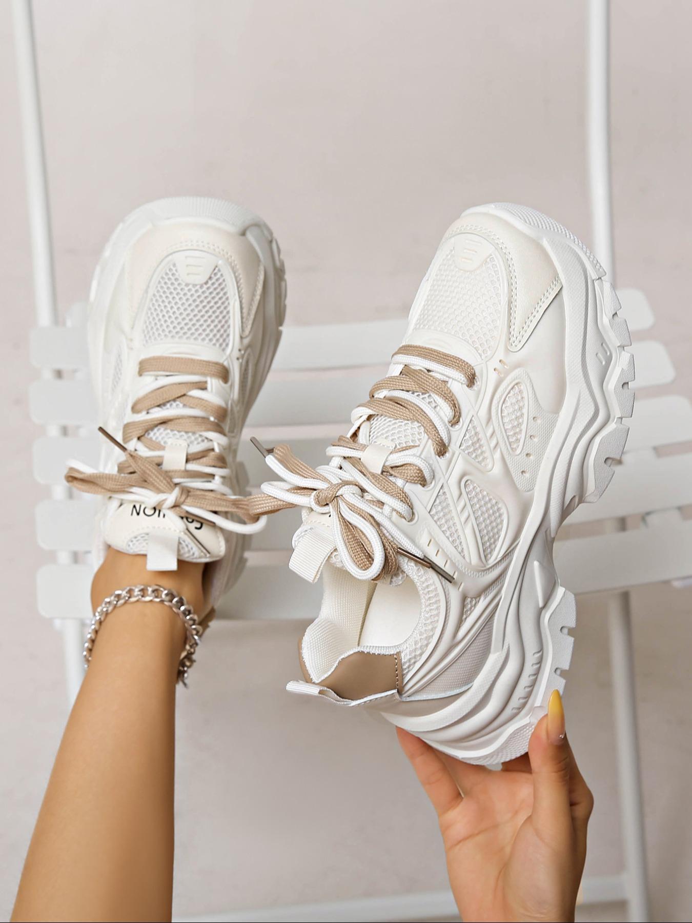 Thick Sole Casual Shoes, Flat Mesh Sneakers, All Seasons Round Toe Lace-Up Dad Shoes, Sizes 36-41 Available