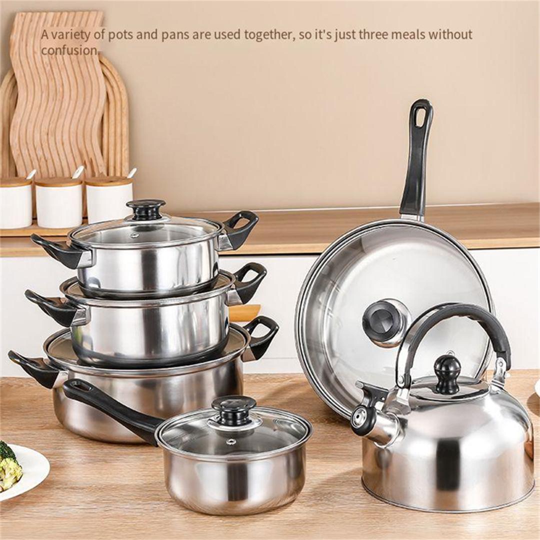 6pc Stainless Steel Multi-Function Cookware Set, Durable Easy Clean Non-Stick Pot, Soup Pot, Milk Pot, Fry Pan, Water Kettle Suitable for restaurant and home kitchens