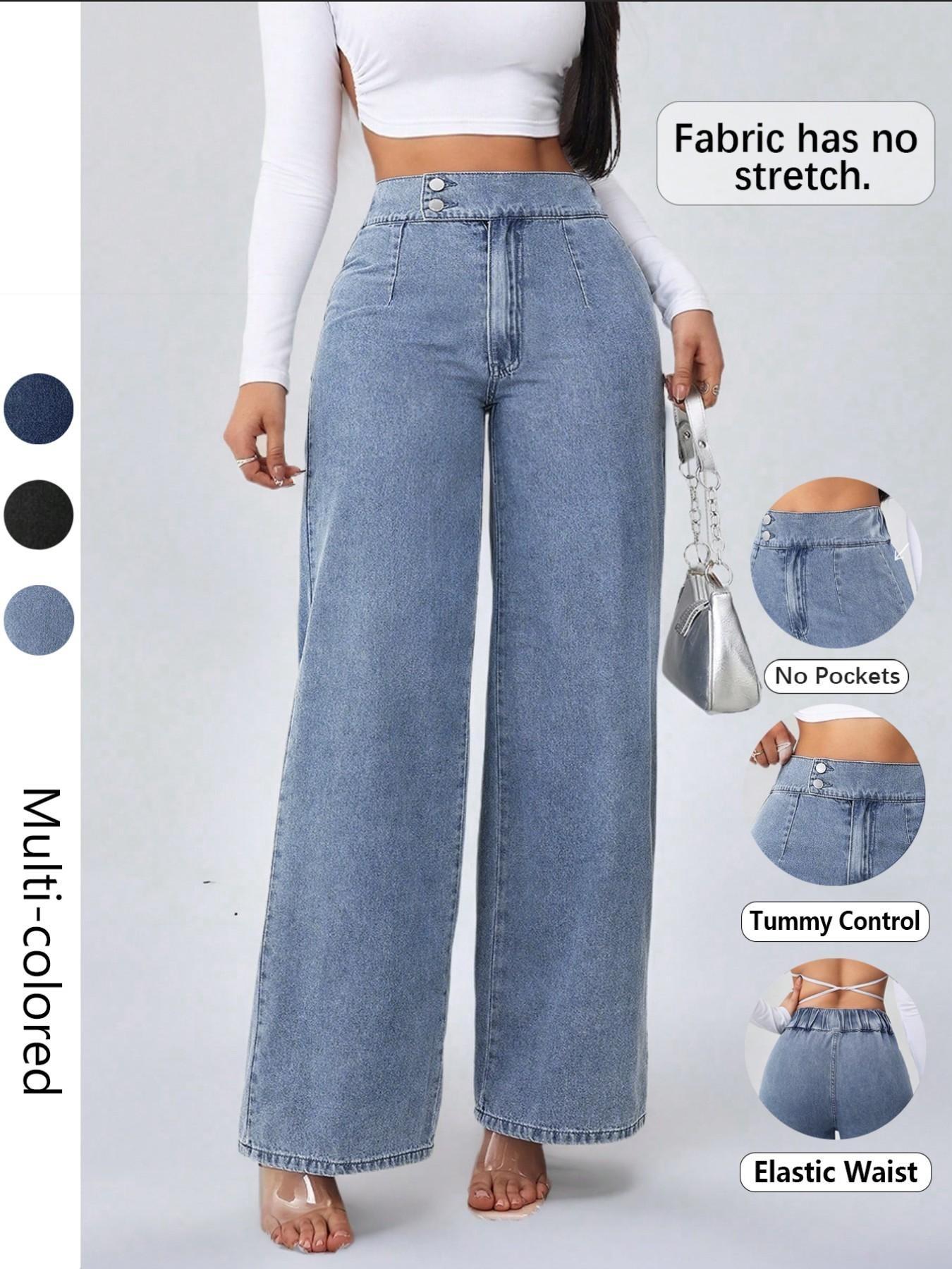 Women's Vintage Elegant High Waist Wide Leg Light Wash Denim Jeans Trouser, Button Front Elastic Waist Loose Fit, Casual Fashion Pants for All Seasons, Womenswear Women's Vintage Elegant High Waist Wide Leg Light Wash Denim Jeans Trouser, Button Front Elastic Waist Loose Fit, Casual Fashion Pants for All Seasons, Womenswear