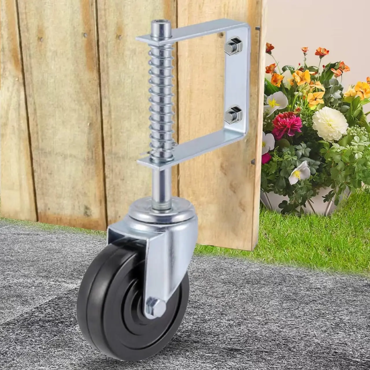 Gate 4”and 5", Heavy Duty Gate Wheel with Spring Loaded,Universal Mount Pate, 250-500 lbs Load Capacity, 4 and 5 Inches Rubber Wheel(Two PCS OR ONE PCS) (4 inch Without Brake, 1 pcs),toolupgrade