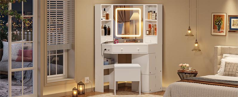 Sikaic Corner LED Makeup Vanity Desk With Storage Stool And Charging Station Mirror Drawers, Rotating Shelves