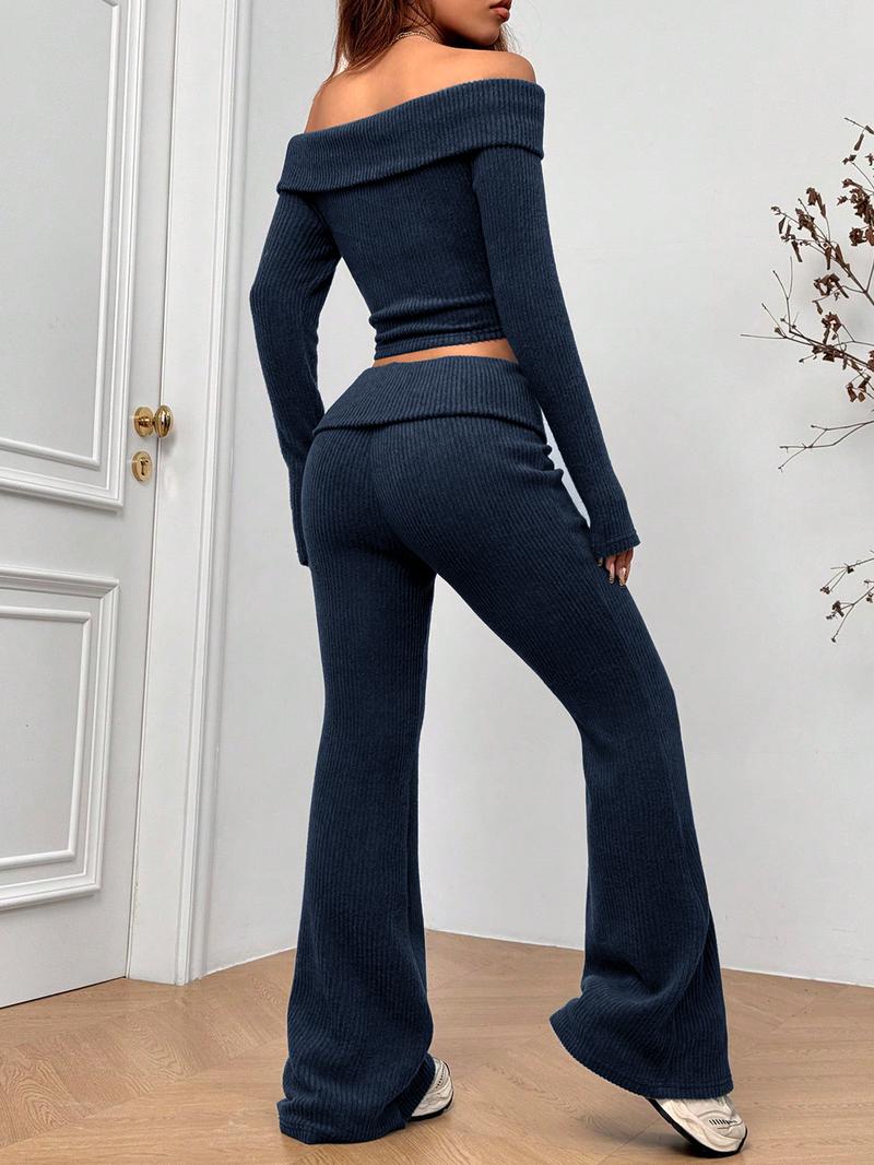 2026 Women's 2-Piece Matching Set, Off-The-Shoulder Long Sleeve Crop Top & High-Waist Flare Leg Pants, Sexy Y2K Ribbed Knit