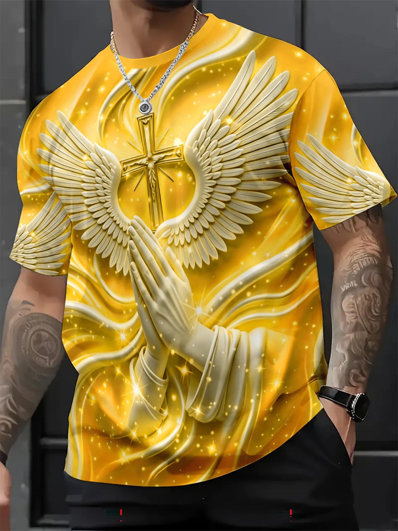 New Religious Prayer Hand Angel Wings Cross Print Men's Round Neck 3D High-Definition Short Sleeve, Sporty Slim-Fit Summer T-Shirt