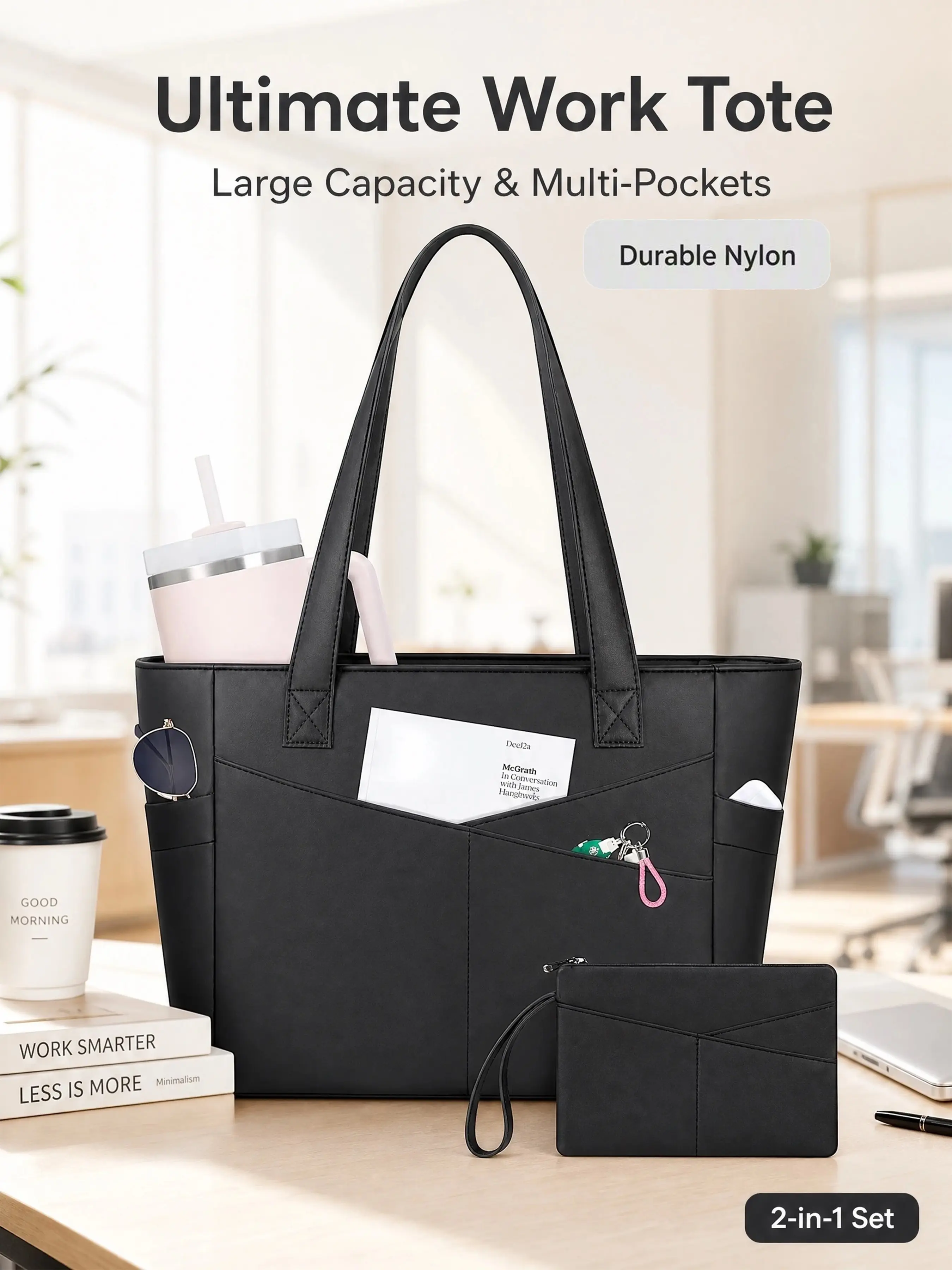 Large Tote Bag for Women, 15.6" Laptop Work Tote Computer Bag, Nylon Lightweight Bible Nurse Bag with 40oz Cup Holder and Strap, Large Laptop Briefcase for School Travel Office Gifts