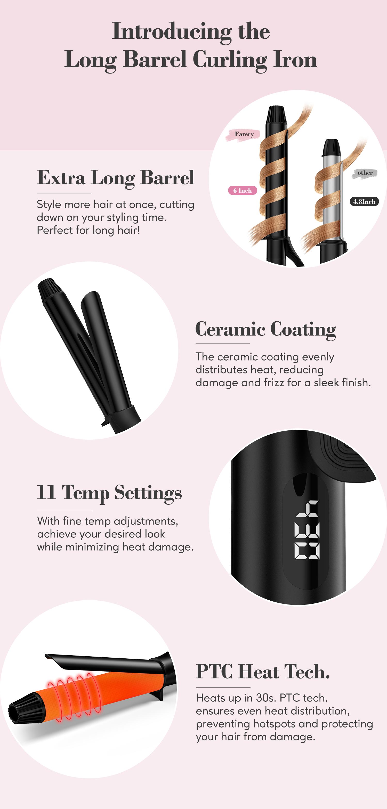 Farery Long Barrel Curling Iron 1.25 inch, 11 Adjustable Temp, Include Clips & Silicone Pad, Comfort