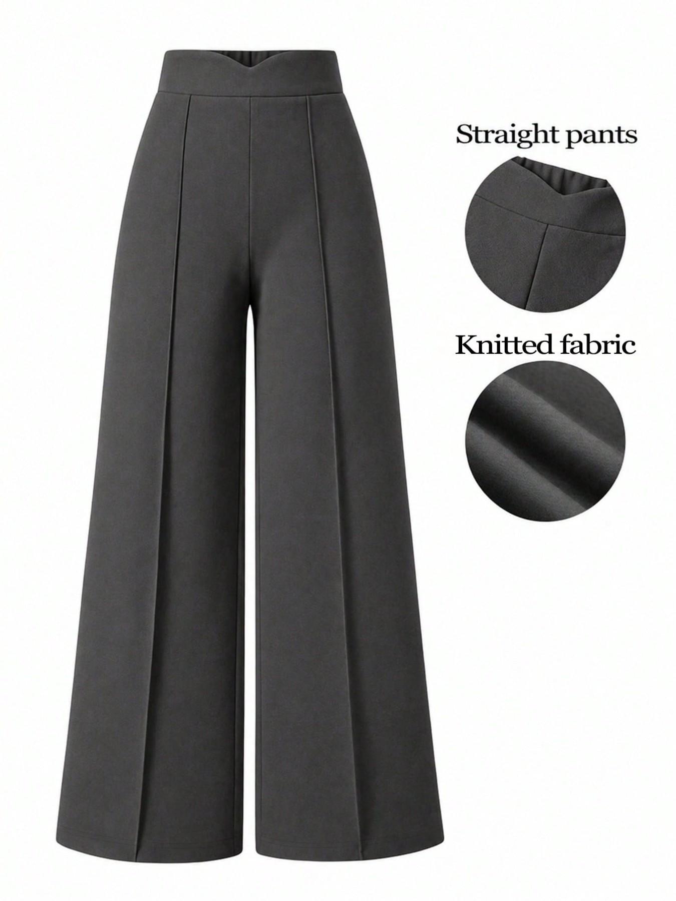 High-Waisted Flowy Wide-Leg Suit Pants, Lightweight Office Style, Elastic Waist Back, Slimming Mid-Split, Plus Size Women's Casual Business Wear