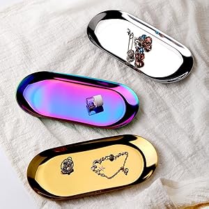 2 Pack 7 Inch Gold Oval Stainless Steel Decorative Tray Jewelry Dish Cosmetics Organizer Small Serving Platter for Bathroom Vanity Storage Durable Mirror Polishing Process