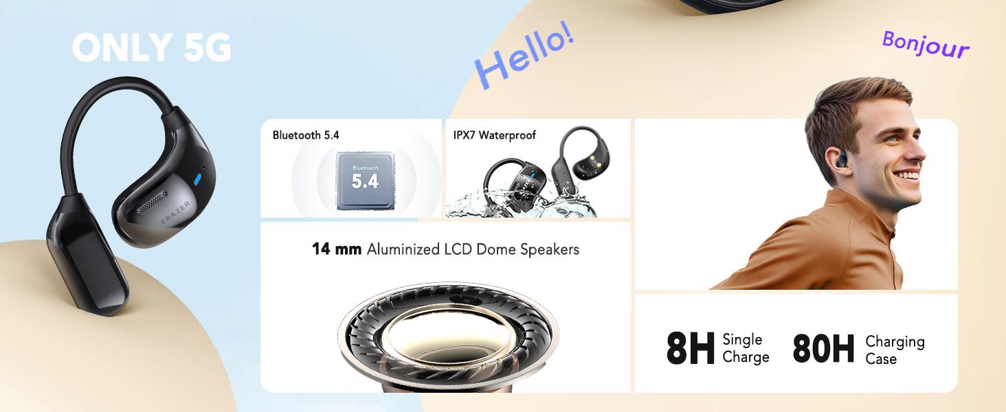 ERAZER XF23 AI translation earphones OWS earbuds, UVC ultraviolet disinfection, touch screen earphones, wireless Bluetooth earphones, HIFI stereo earphones for gaming, travel and sports, built-in microphone