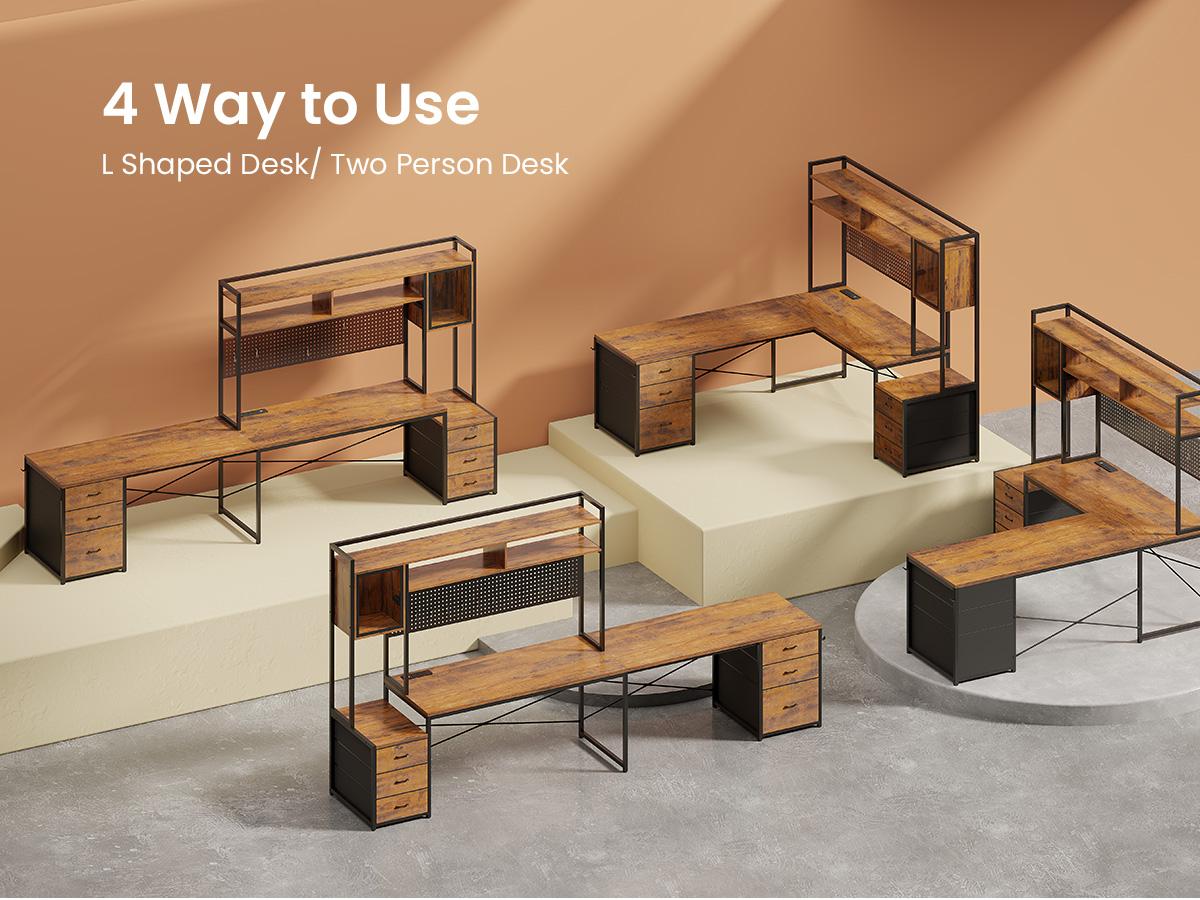 SEDETA L Shaped Gaming Desk with Drawers, Reversible Computer Corner Desk with File Drawer, Hutch, Storage Shelves for Home Office, Gaming Two Person Desk with Led Lights, Power Outlet