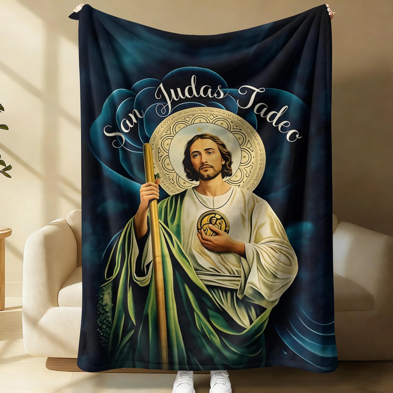 San Judas Tadeo Print Flannel Throw Blanket, Soft Warm Cozy Fleece Blanket for Couch Bed Sofa, Religious Saint Jude Decorative Blanket, All Season Plush Blanket, Perfect Gift Blanket for Home, Travel, Nap, All Ages