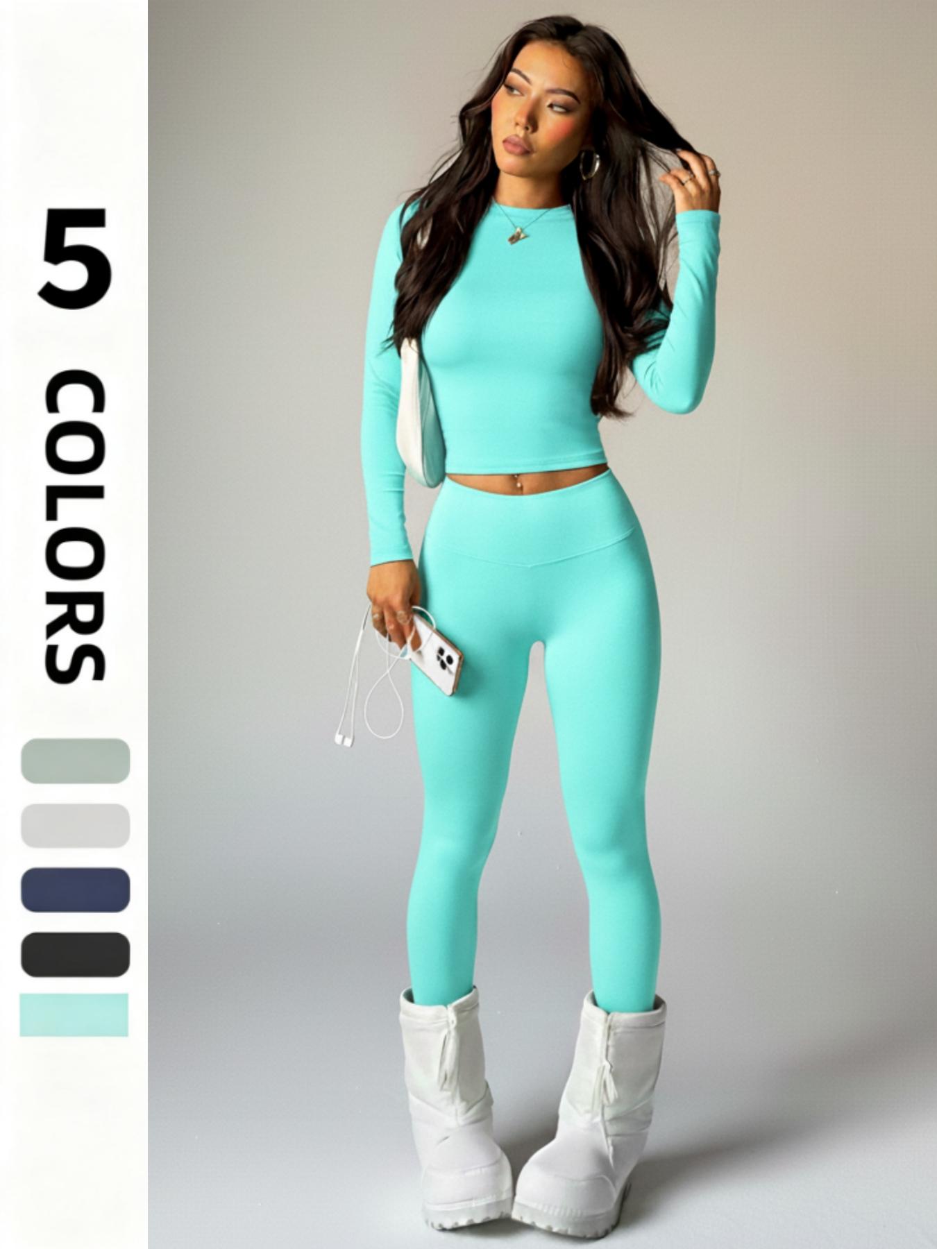 Women's Sporty Two-Piece Set, Round Neck Long Sleeve Top & High Waist Tight-Fit Pants, Breathable Comfortable Yoga Gym Wear, Breathable Activewear, Athleisure Wear Set, Athletic Style Activewear