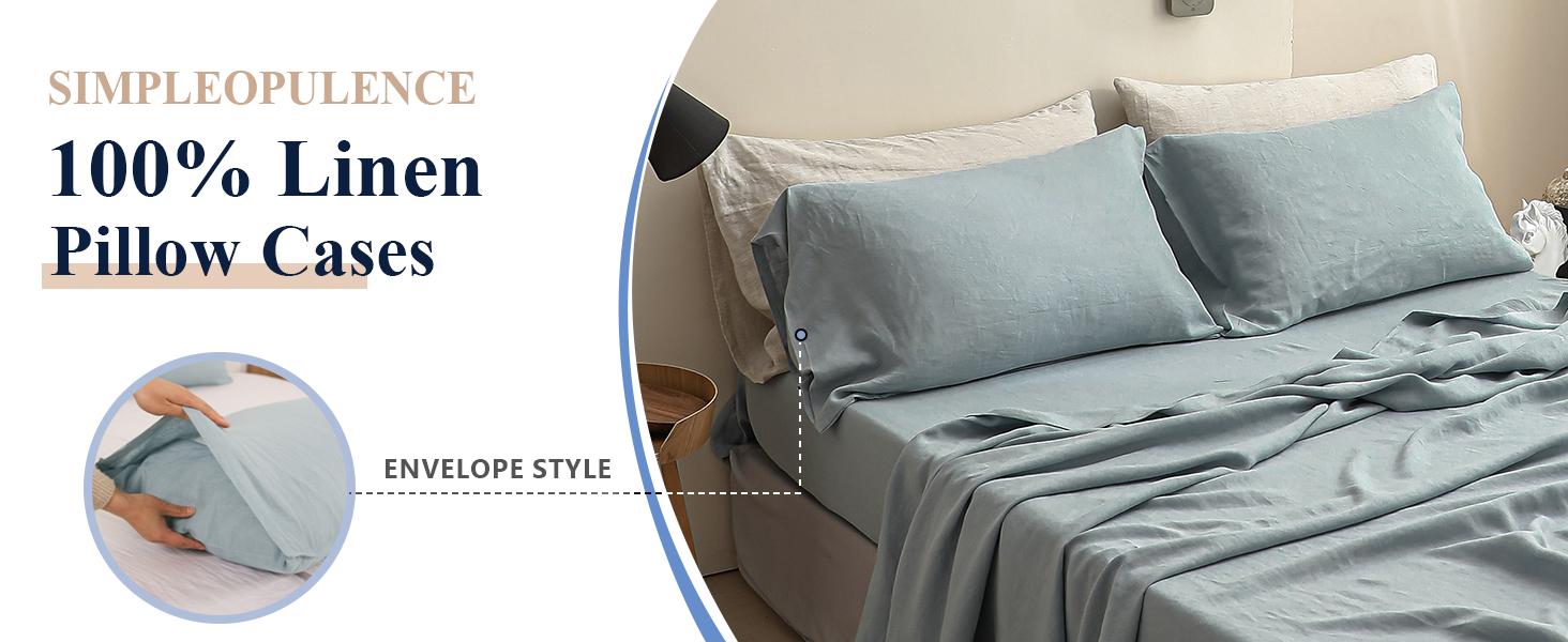 Simple&Opulence 100% Linen Pillowcases Basic Style Solid Color Set of 2, Stone Washed Flax Pillow Cover Envelope Closure