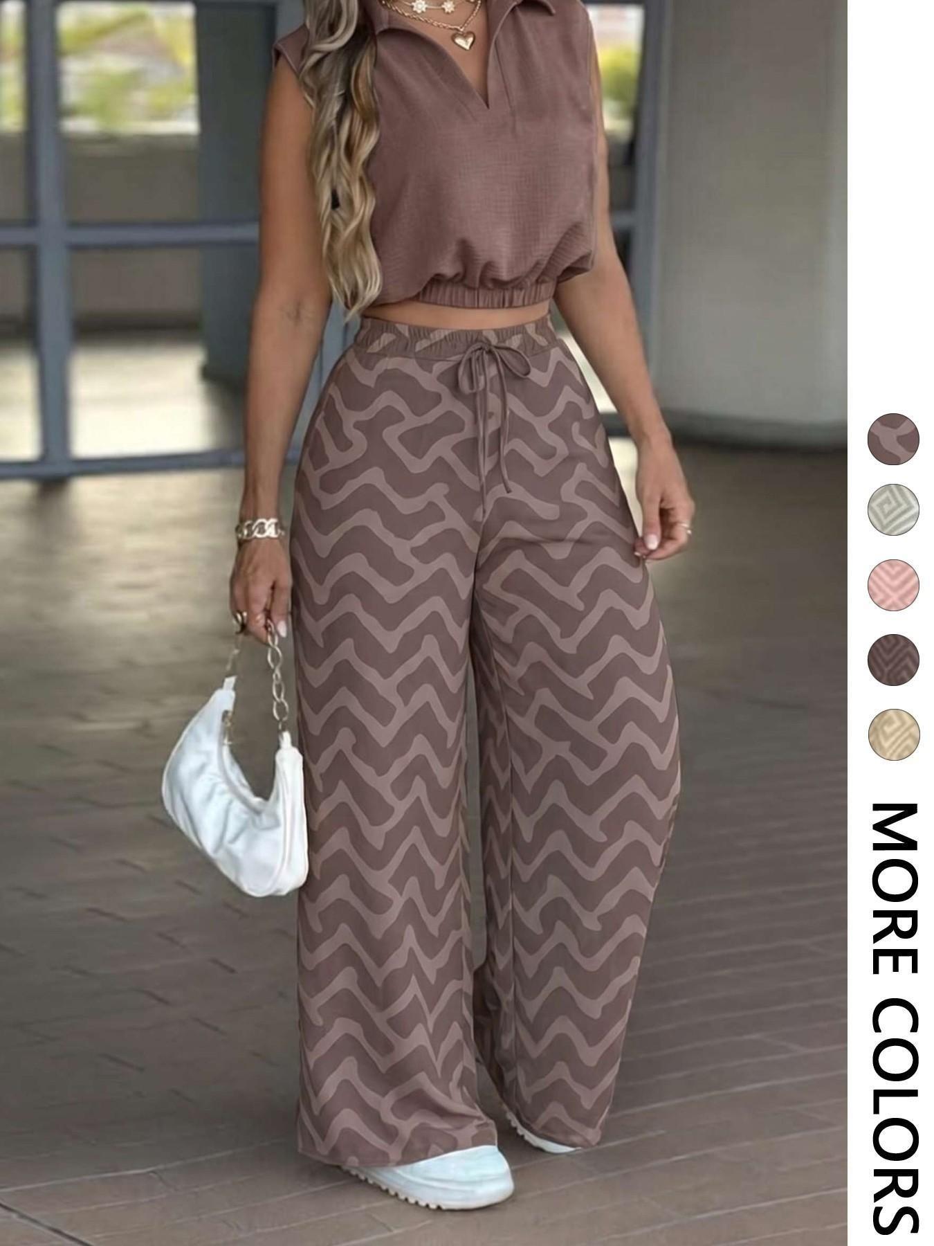 2-Piece Women's Casual Commuter Set, Womenswear Sleeveless Collared Waist-Defined Top with High-Waisted Drawstring Adjustable Wide-Leg Pants 2-Piece Women's Casual Commuter Set, Womenswear Sleeveless Collared Waist-Defined Top with High-Waisted Drawstring Adjustable Wide-Leg Pants