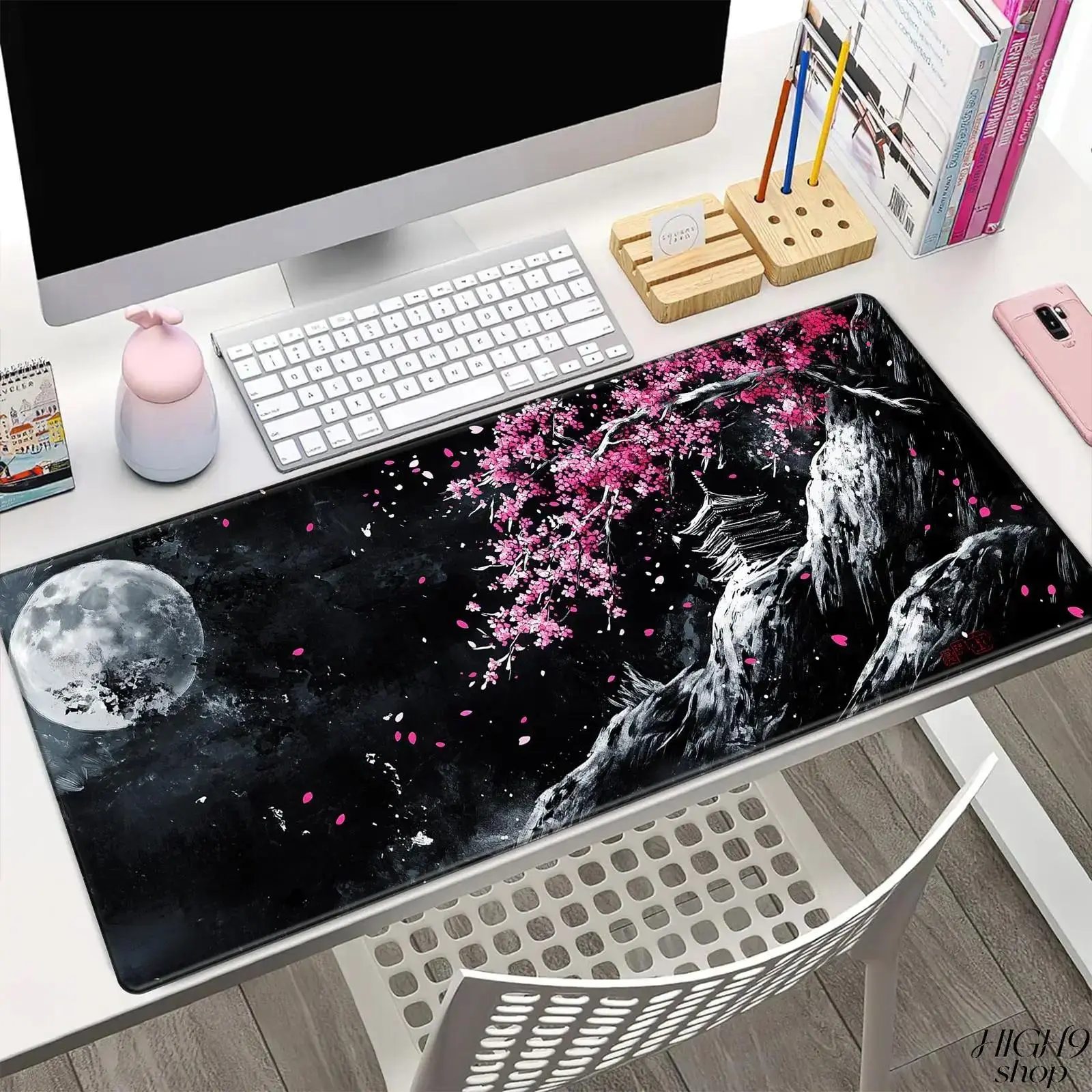 Dark Japanese Cherry Blossom Full Moon Large Gaming Mouse Pad, Rectangle Non-Slip Rubber Desk Mat, Aesthetic Landscape Desktop Protector, Washable Keyboard Mousepad for Gaming Room Home Office, Decor Desk Accessory