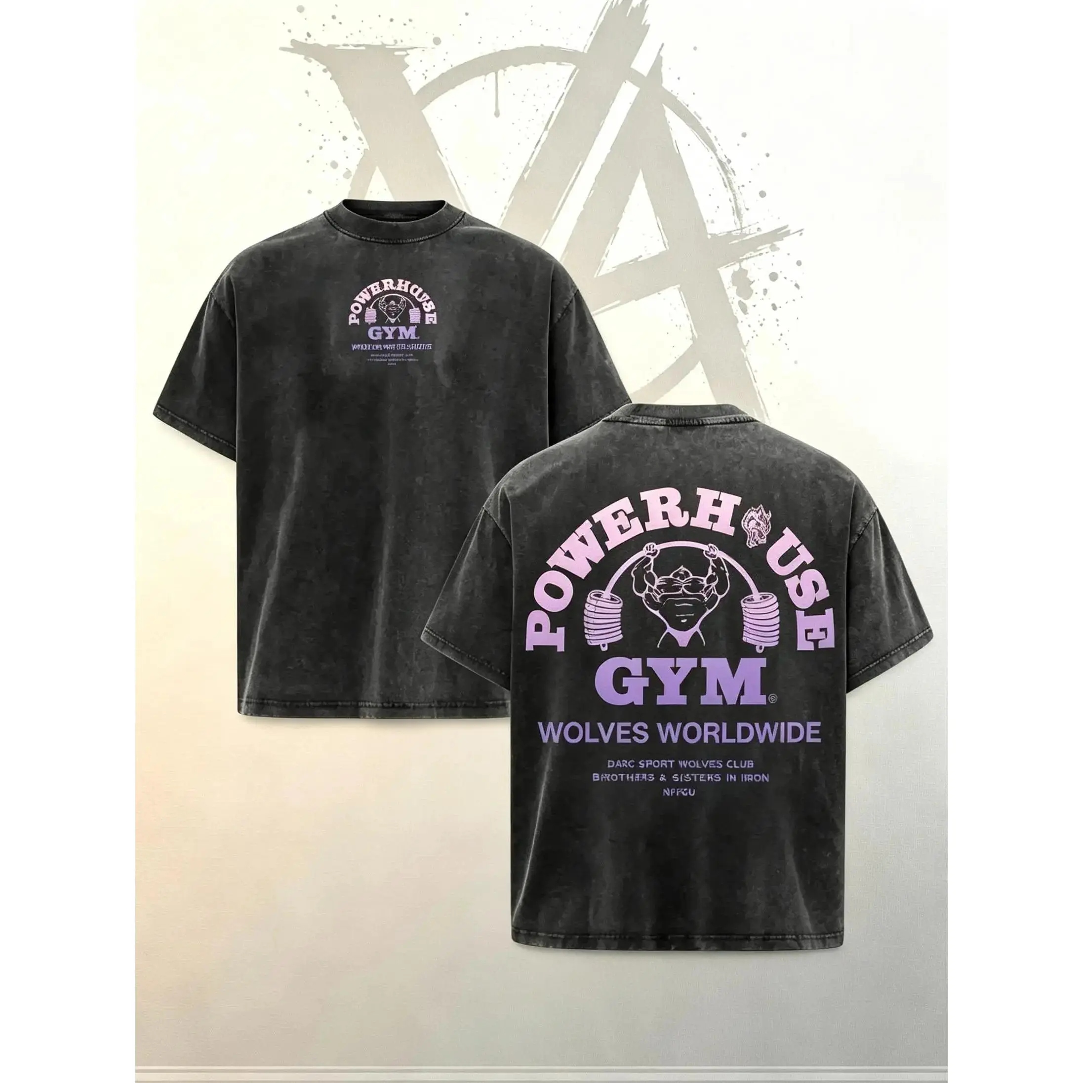 [AVT]Unisex Vintage Washed Heavy Cotton Oversized Graphic T-Shirt - Powerhouse Gym Wolves Worldwide Design, Menswear Top, Bodybuilding Fitness Pump Cover, Retro Athletic Streetwear, Casual Summer Apparel Gift for Men Women funny Tshirt Crewneck Tropical