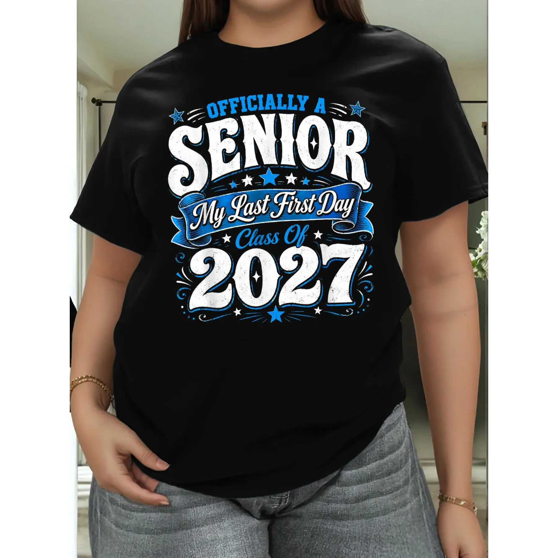 Funny Officially Senior My Last First Day of Class of 2027 Plus Size Women’s Cotton T-Shirt, Loose Fit Crew Neck Short Sleeve Tee, Soft Breathable Casual Summer Top for Everyday Wear