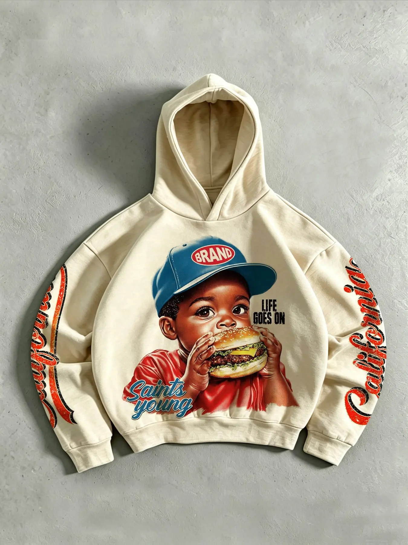 Retro-style hoodie featuring a graphic print of a young boy on the front and an all-over distressed "Los Angeles" text print on the sleeves; a loose-fitting, casual, and versatile unisex hoodie suitable for couples.
