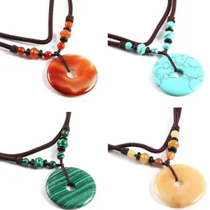 Natural Stone Aventurine Jades Pendant Necklace Turquoises Quartz Safety Button Pendant Charms For Women Men Fashion Jewelry