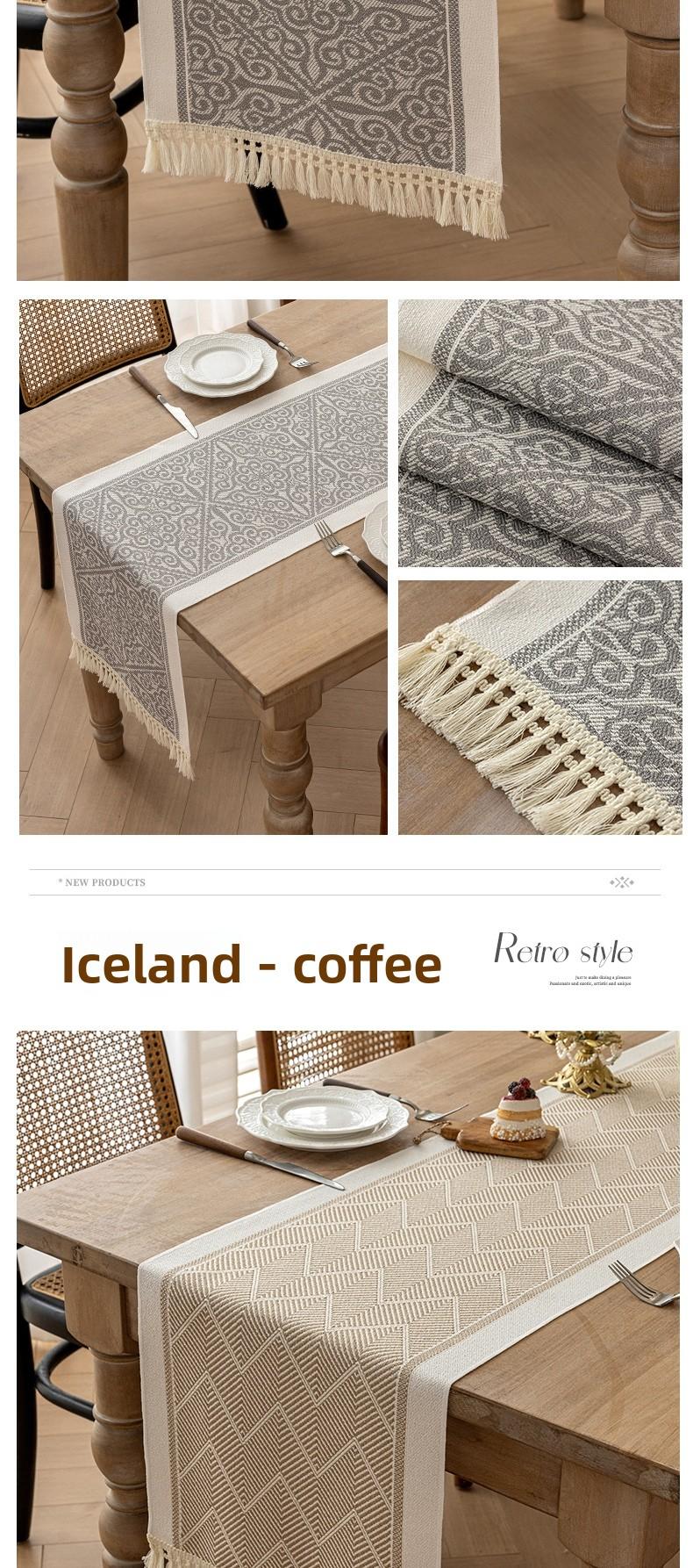 Nordic Style Waterproof Cotton Linen Table Runner, Jacquard Pattern with Tassel Trim, Dining Table Decor