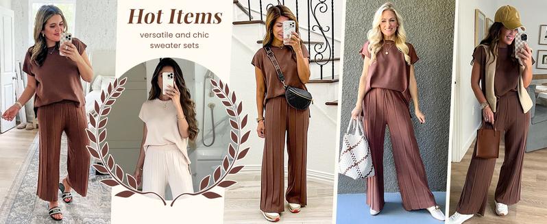UANEO 2 Piece Outfits for Women Sweater Sets Knit Vest Tops Elastic Waisted Pants