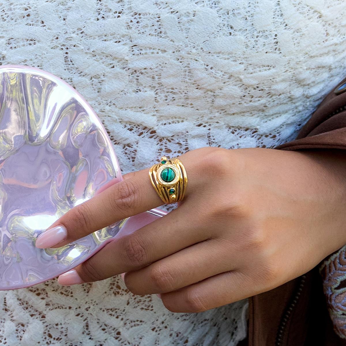 This Lady s Ring Set Can Be Stacked With Malachite Featuring Multiple Layers Of Hollowed Out Openings Adjustable Stainless Steel 18k Gold Plating Water Resistance Allergy Resistance And Retro Quality For Banquet Jewelry