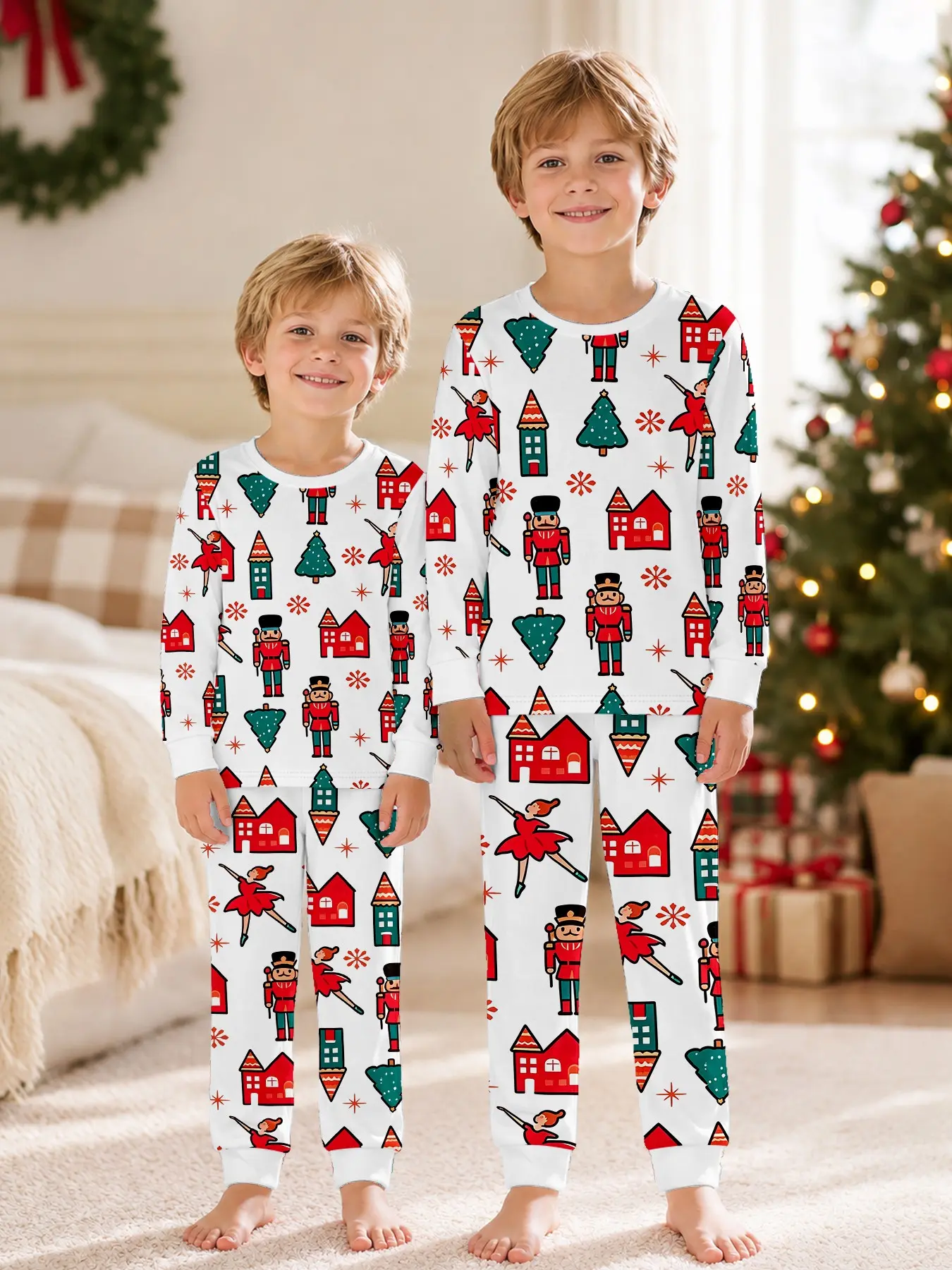 Christmas Pajama Set, White Base Nutcracker Soldier Tree House Print, Long Sleeve Pants, Casual Loose-Fit, Holiday Home Wear