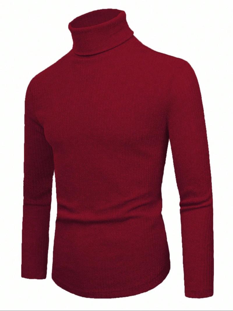 Men's High Neck Pullover Sweater, Solid Color Striped Long Sleeve T-Shirt, Casual Fitted Fit for Fall & Winter Seasons