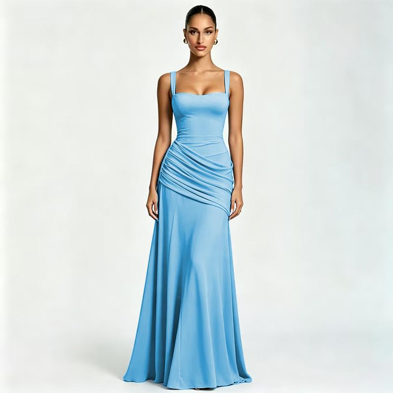 Women's 2026 Spring Summer Sleeveless Solid Color Cinched Waist Flared Formal Dress, European American Elegant Cocktail Party Evening Dress