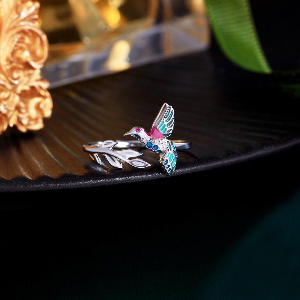 Fashionable Open Ring 925 Sterling Silvery 3.94g/0.1390z Colorful Ceramic Craft Cute Geometric Animal Pattern with Branch Decoration Design Adjustable Engagement Wedding Party Ring Suitable for Women Valentine's Day Jewelry Gift