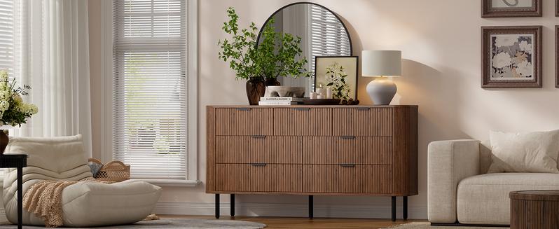 【Valentine's Day Gift】ONBRILL Fluted Dresser for Bedroom with 7 Drawers, 60 inch Chest of Drawers, Mid Century Modern Long Dressers with Curved Profile Design for Closet, Wood TV Stand for Living Room, Hallway