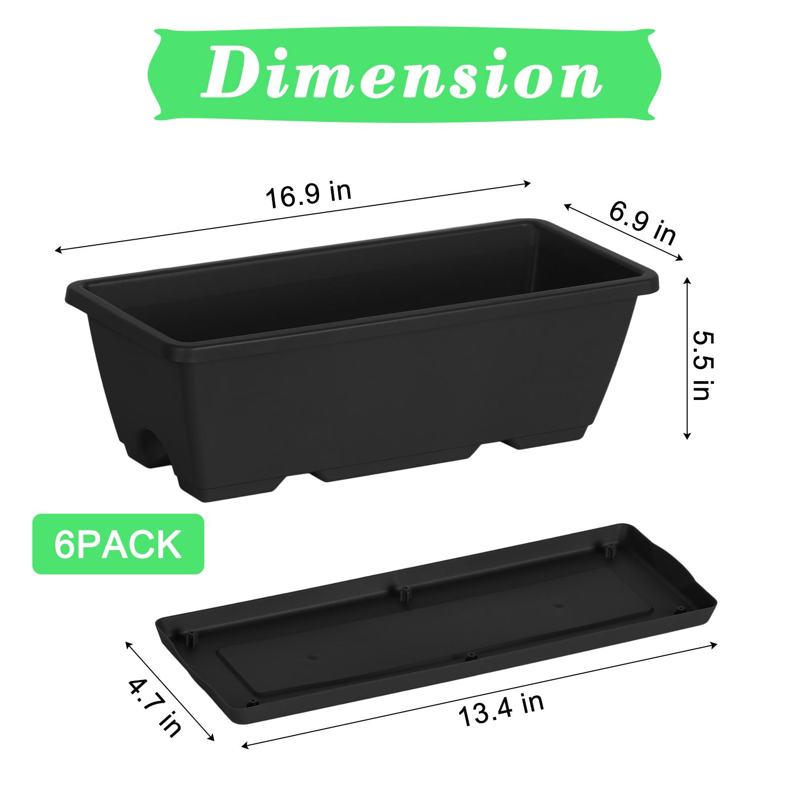 6-Pack Reusable Plastic Rectangular Window Box Planters with Adjustable Rail Mount Brackets, Self-Watering Trays, Integrated Drainage Holes - Hanging Indoor-Outdoor Home Organizer for Flowers, Vegetables