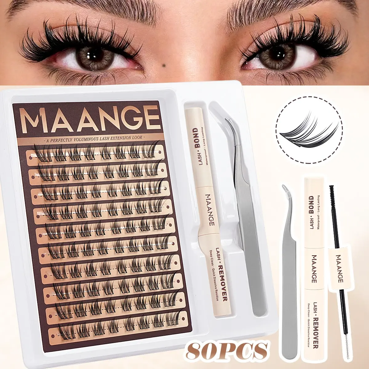 MAANGE 80 Pcs Cluster Lash Extension Kit, Natural Wispy Individual Lashes with 2 in 1 Lash Bond & Remover and Lash Tweezers, Soft Faux Mink D Curl Lashes, Lightweight Transparent Band, Easy DIY Eyelash Extensions for Beginners Daily Eye Makeup